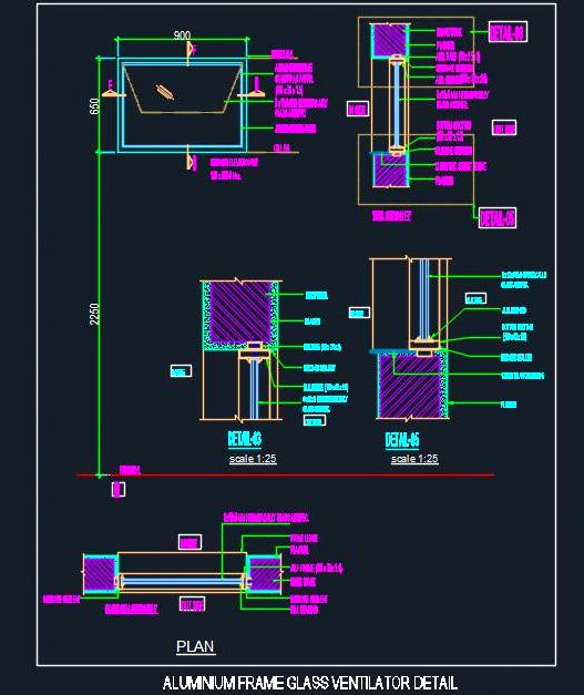 Aluminium Glass Ventilator CAD Drawing with Frame & Fixing Details